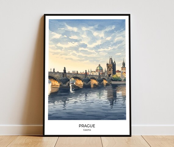 Prague Charles Bridge Sunrise Watercolor Czechia Travel Poster