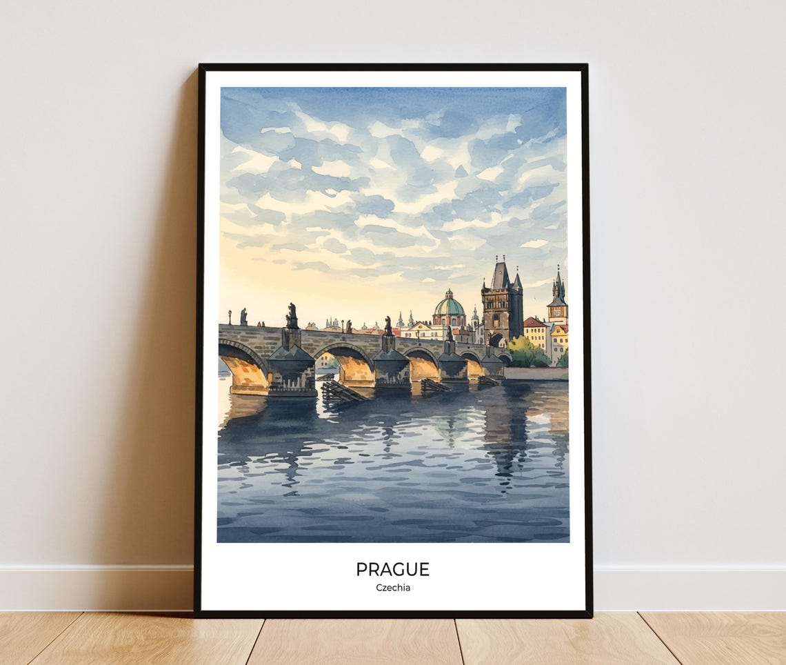 Prague Charles Bridge Sunrise Watercolor Czechia Travel Poster