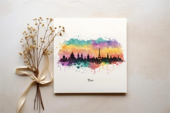 Watercolor Paris Night Skyline Print City Silhouette