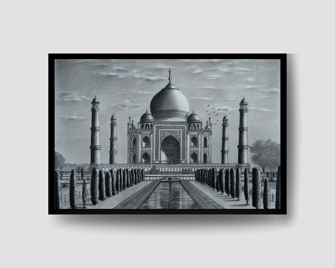 Taj Mahal Agra India Detailed Monochrome Pencil Sketch Poster