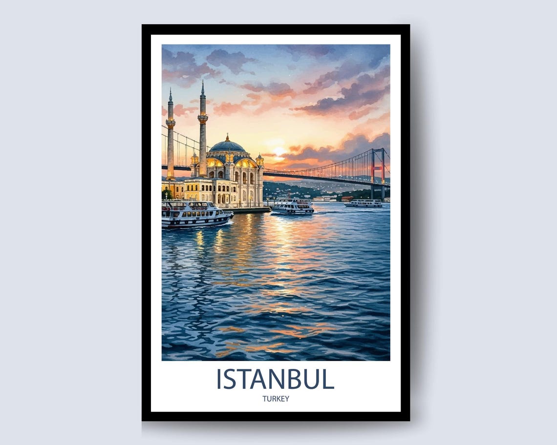 Istanbul Turkey Mosque Bosphorus Bridge Sunset Watercolor Poster