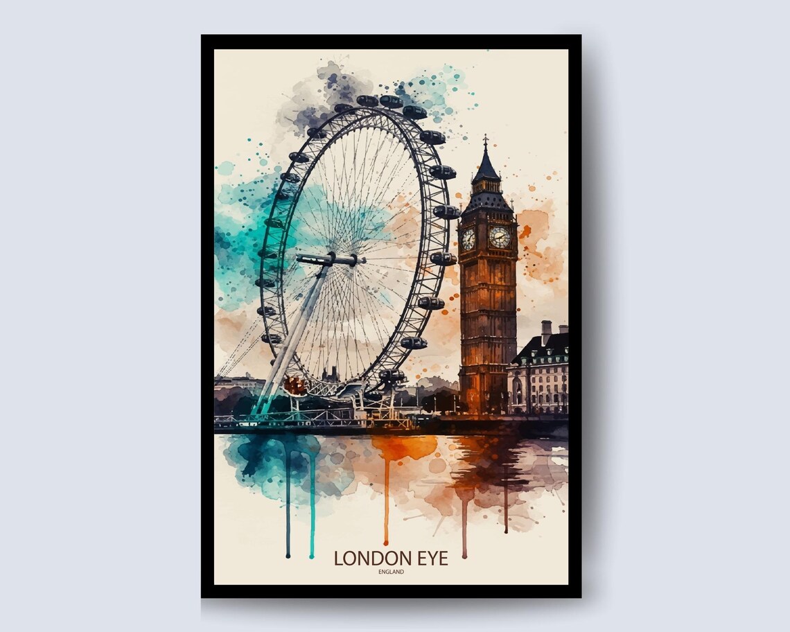 London Eye and Big Ben Watercolor Thames City Skyline Poster