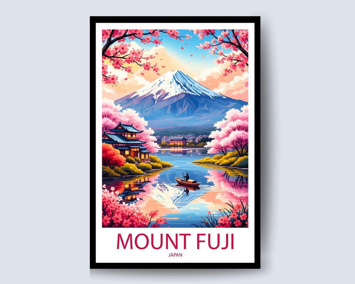 Mount Fuji Japan Cherry Blossom Lake with Boat Reflection Poster
