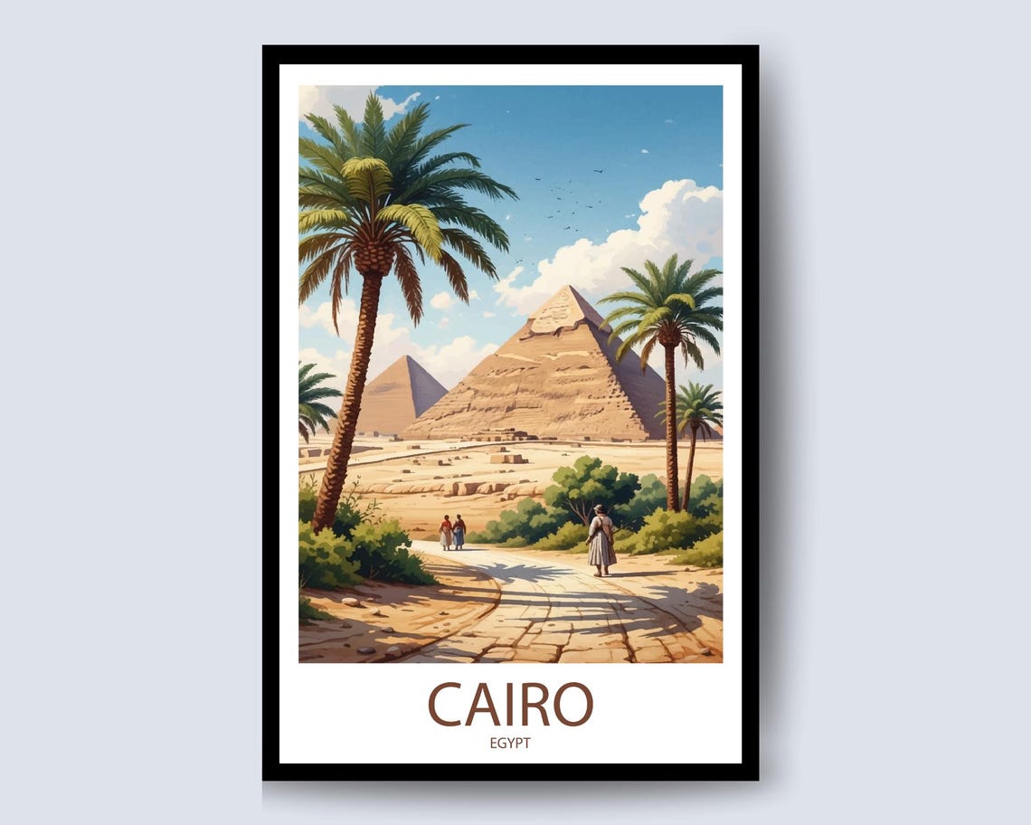 Cairo Egypt Pyramids Palm Lined Road Oasis Daytime Travel Poster