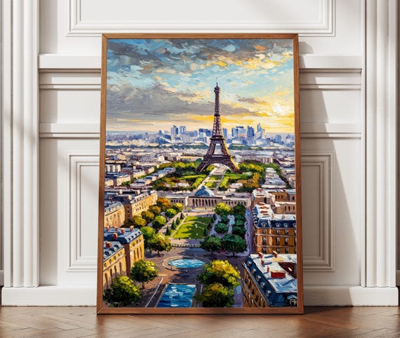 Eiffel Tower Paris Cityscape Oil Painting Textured Style Print Art France Travel Poster Home Office