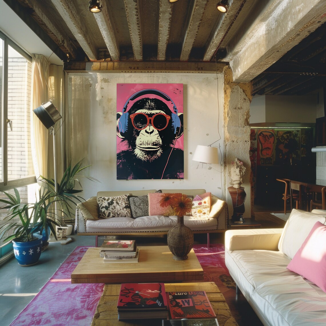 DJ Monkey Wearing Headphones Red Sunglasses Funky Pop Art Poster - Image 2