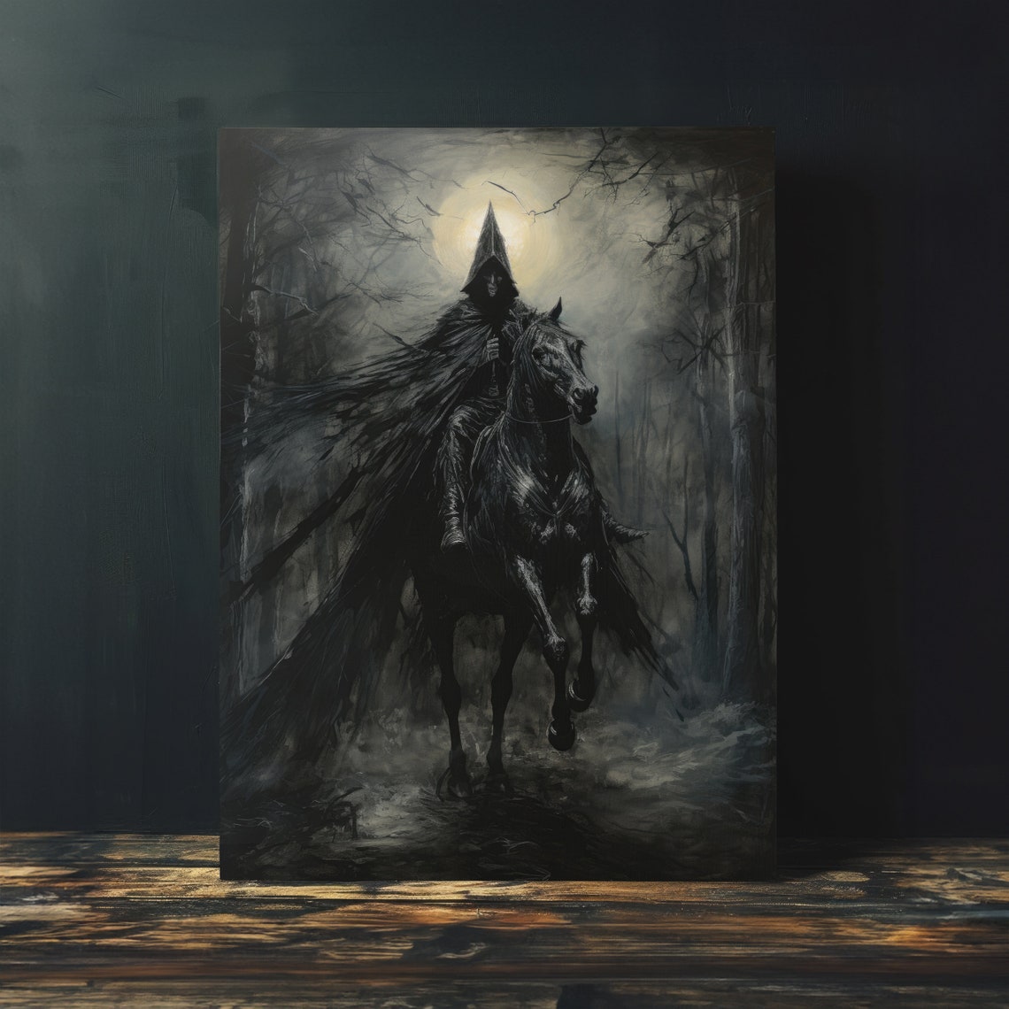 Hooded Rider on Black Horse Moonlit Forest Dark Fantasy Wall Art - Image 4