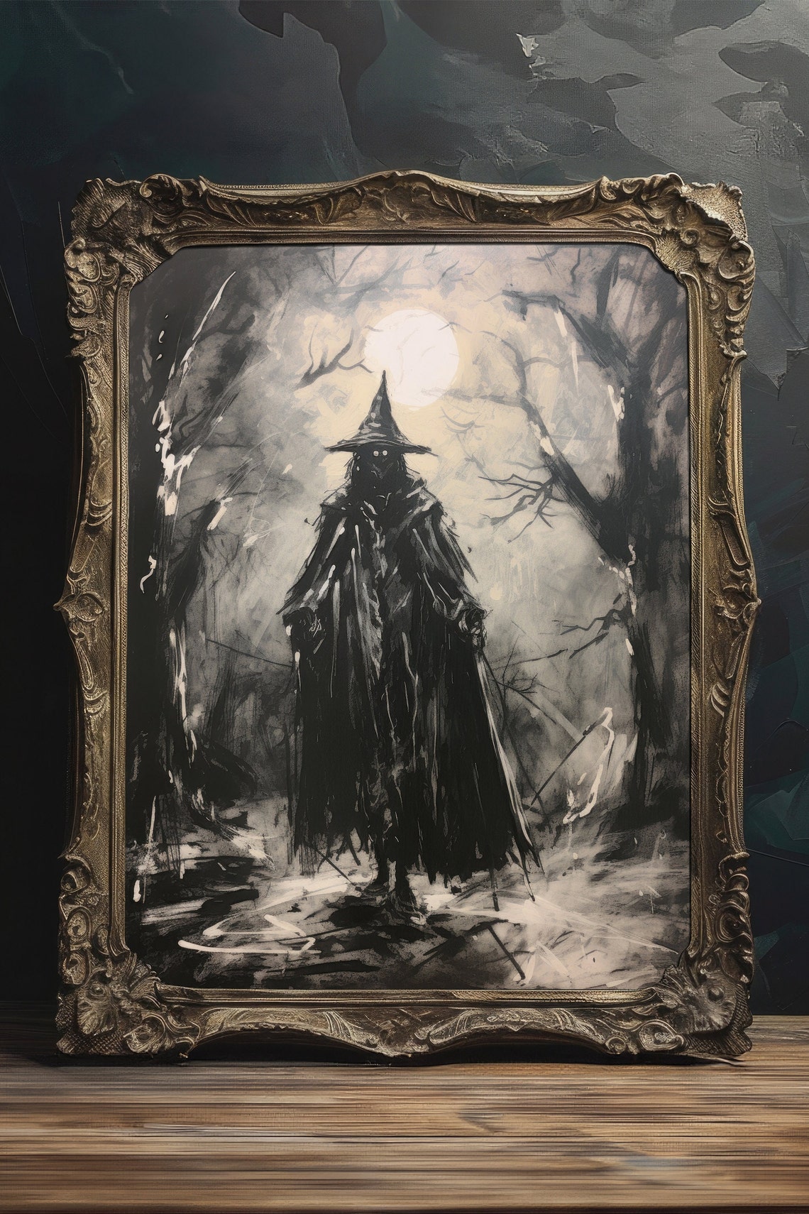 Dark Wanderer Under Full Moon Twisted Night Trees Gothic Wall Art - Image 3