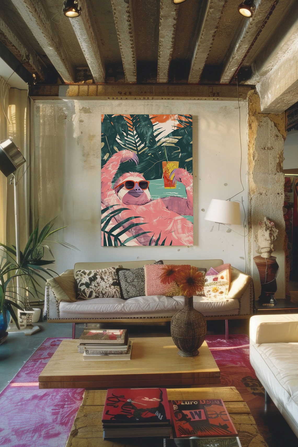 Drunk Sloth Poster Print Wall Art Maximalist Poolside Decor Tropical Vacation Home Decor Cocktail Wall Art - Image 4