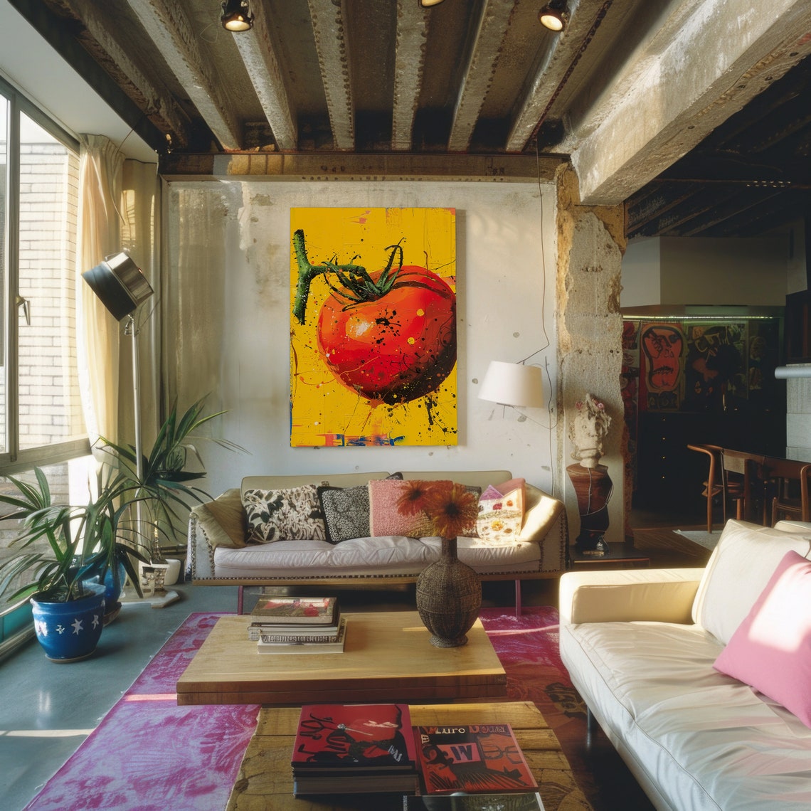 Giant Red Tomato Splatter Art Yellow Background Kitchen Poster - Image 3