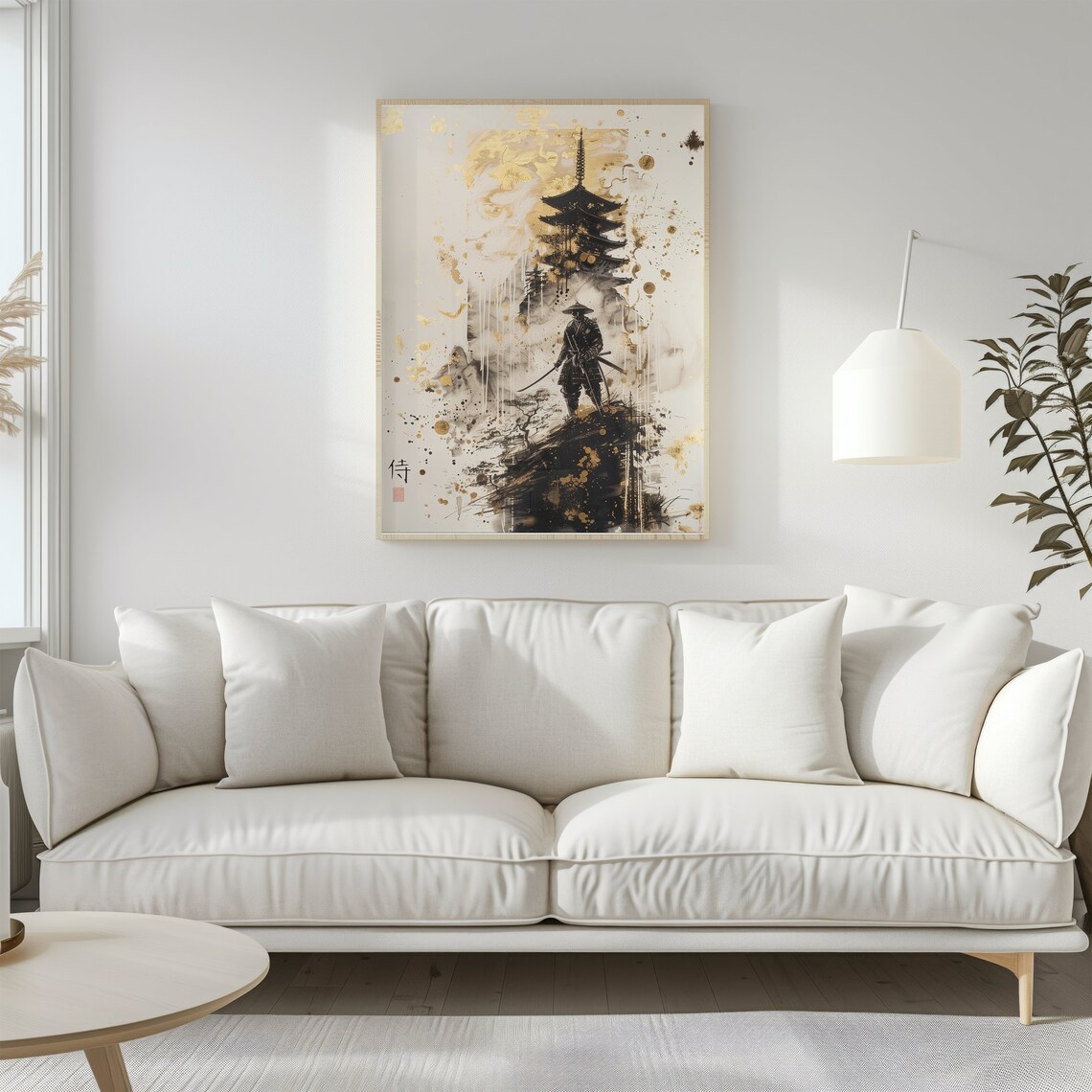 Black Gold Samurai Pagoda Japanese Ink Wash Painting Style Poster - Image 3