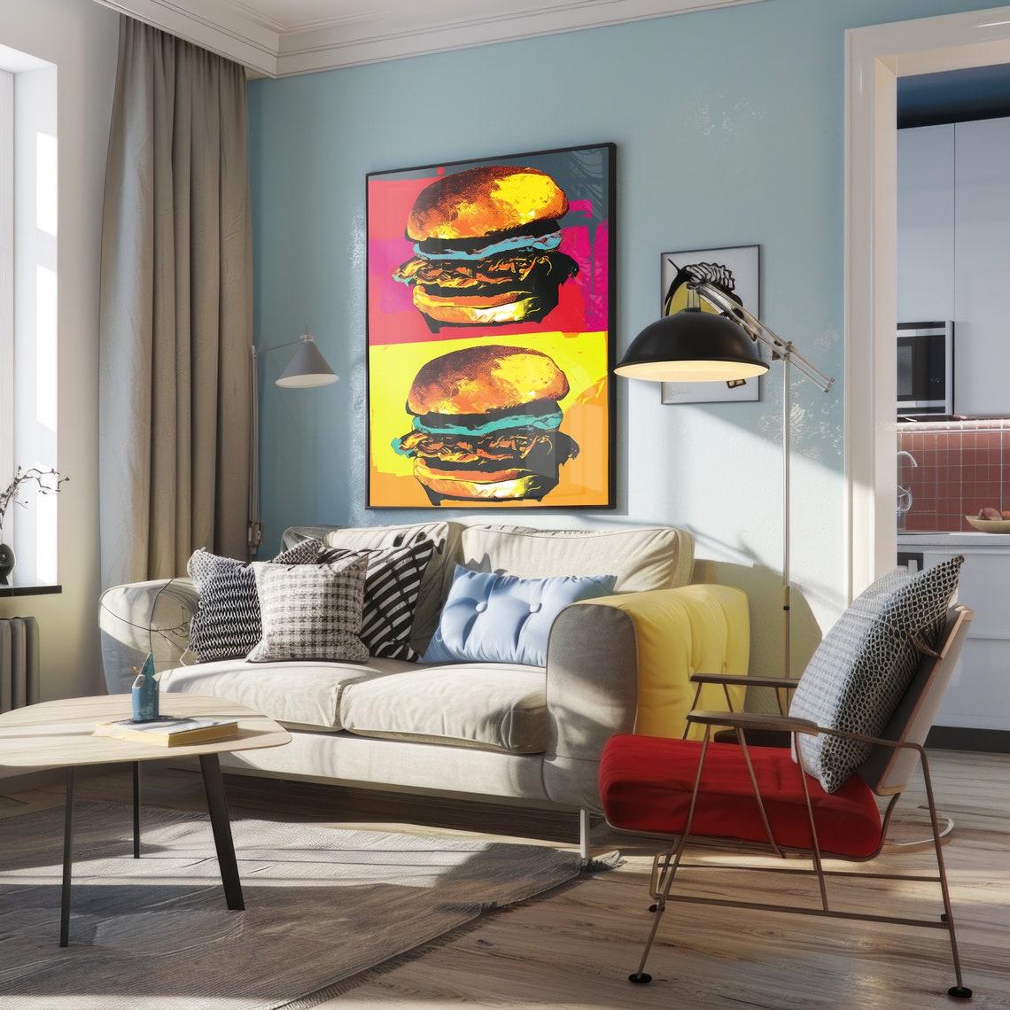 Double Burger Retro Pop Art Pink Yellow Fast Food Kitchen Poster - Image 4