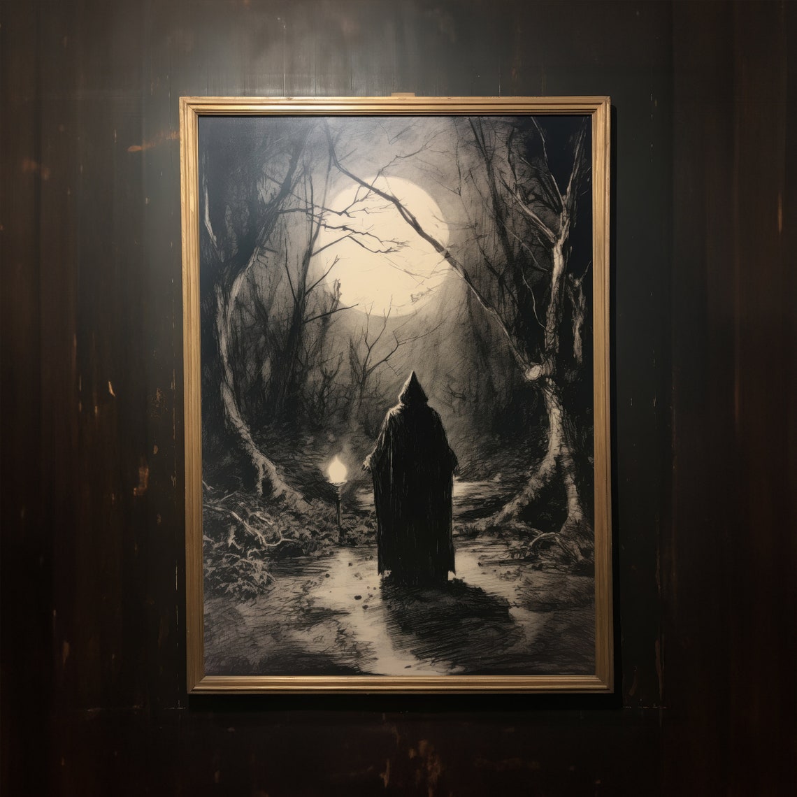 Hooded Figure With Lantern Moonlit Path Dark Forest Wall Art - Image 4