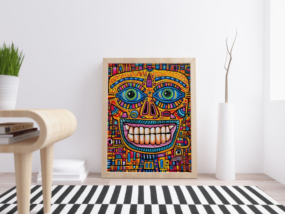 Psychedelic Tribal Shaman Mask Neon Doodle Portrait Wall Art - Image 4