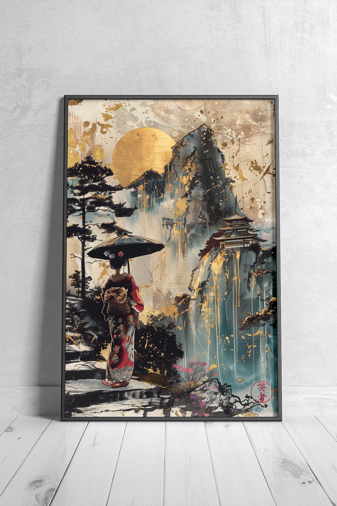 Moody Japanese Geisha Art Print, Mountain Scenery - Image 4