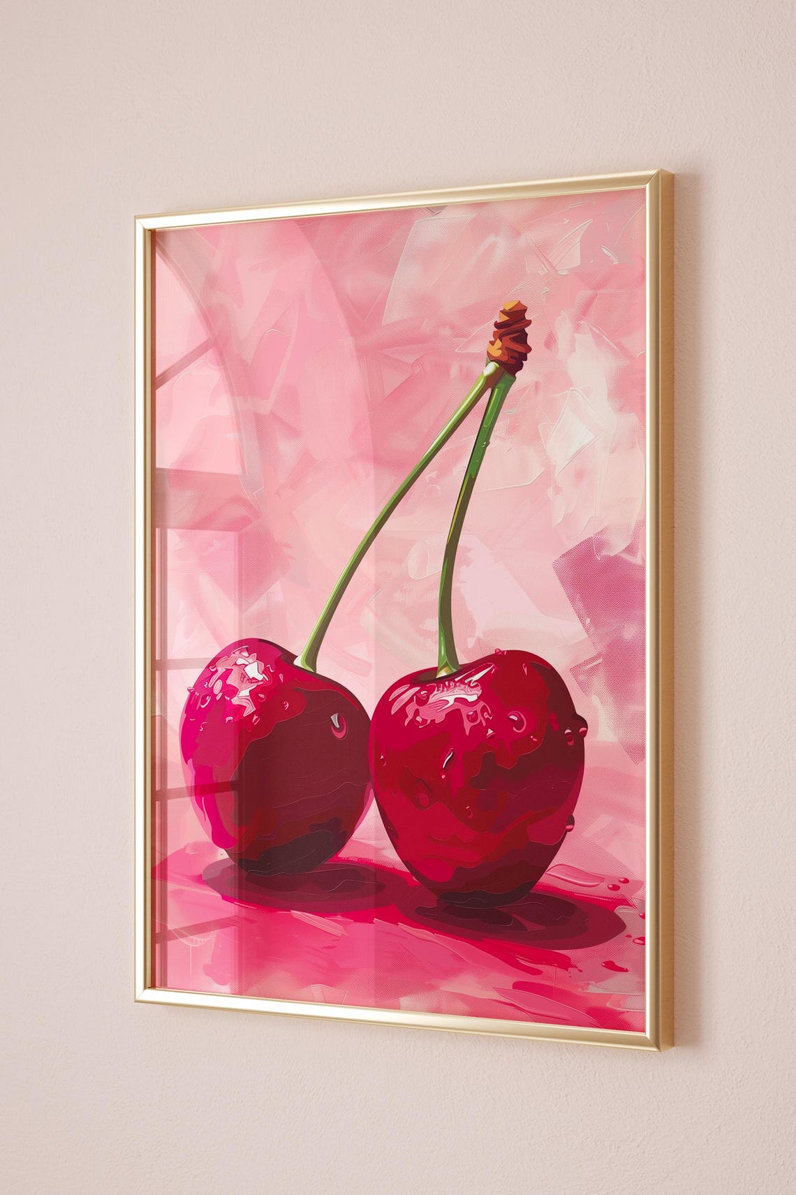 Red Cherry Pair Pink Background Retro Pop Art Fruit Kitchen Poster - Image 3