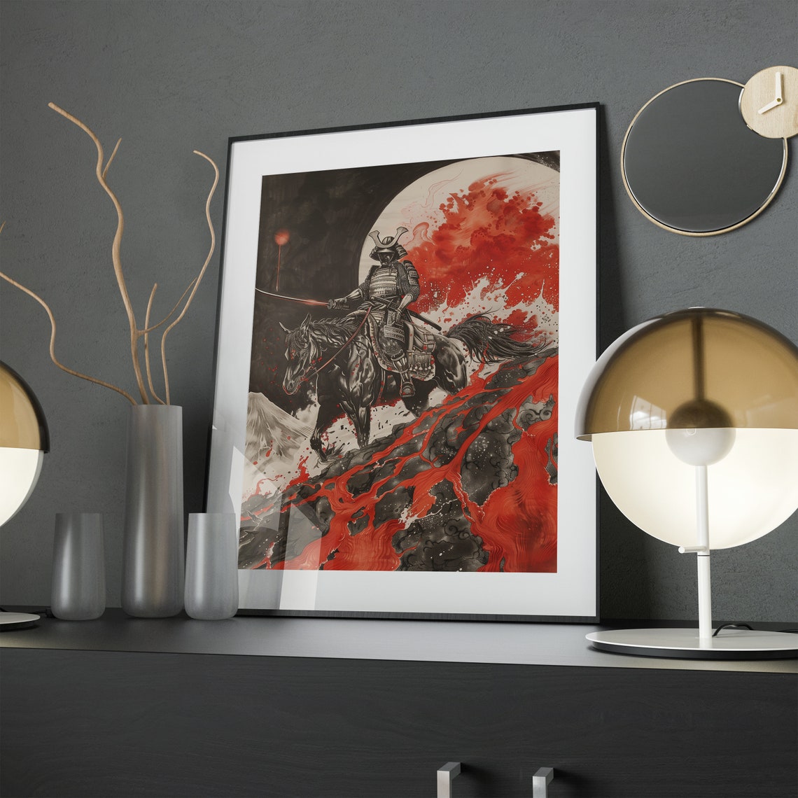 Samurai Warrior On Horseback Art Mount Fuji Red Black Ink Poster - Image 4