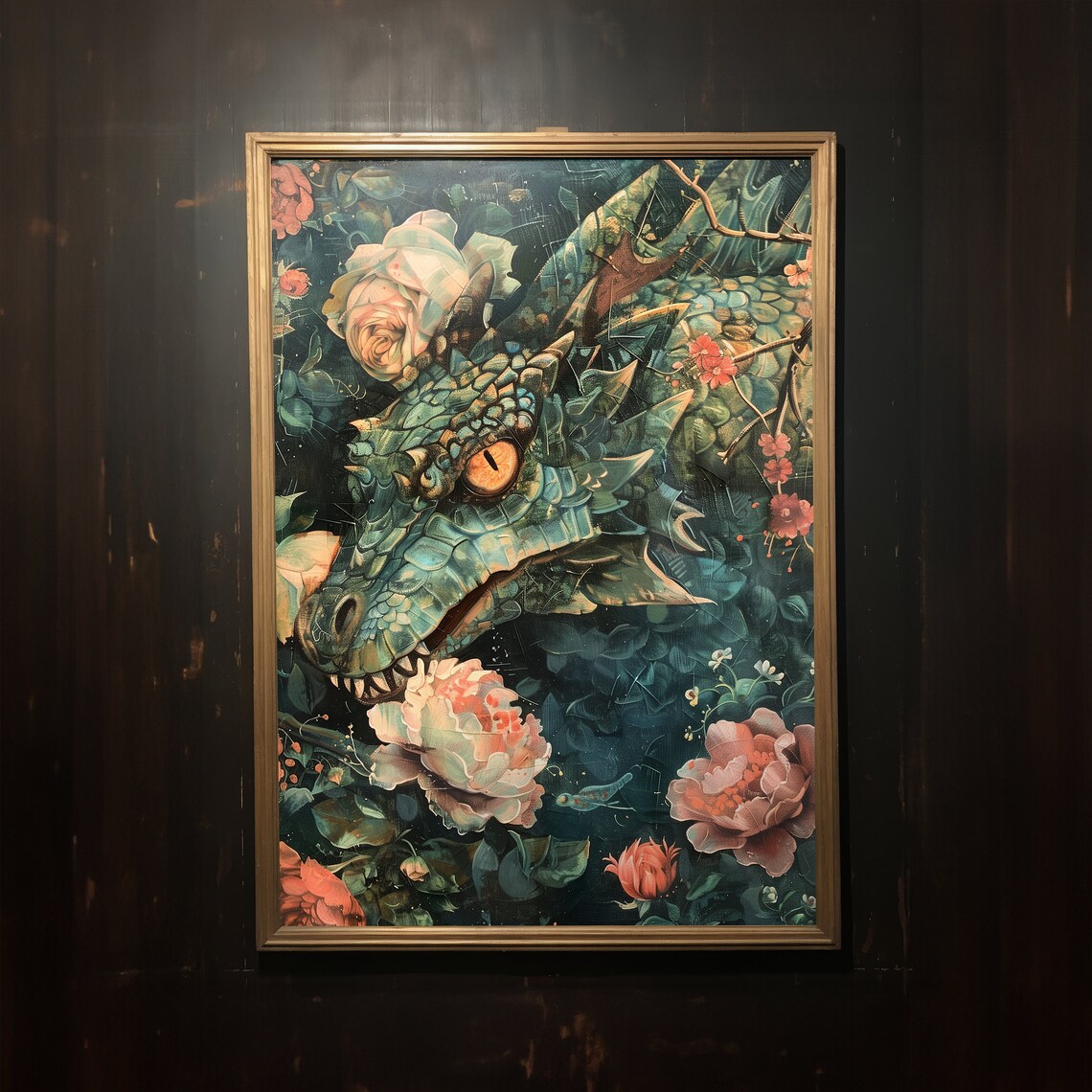 Green Dragon Among Roses Dark Cottagecore Fantasy Art Poster - Image 3