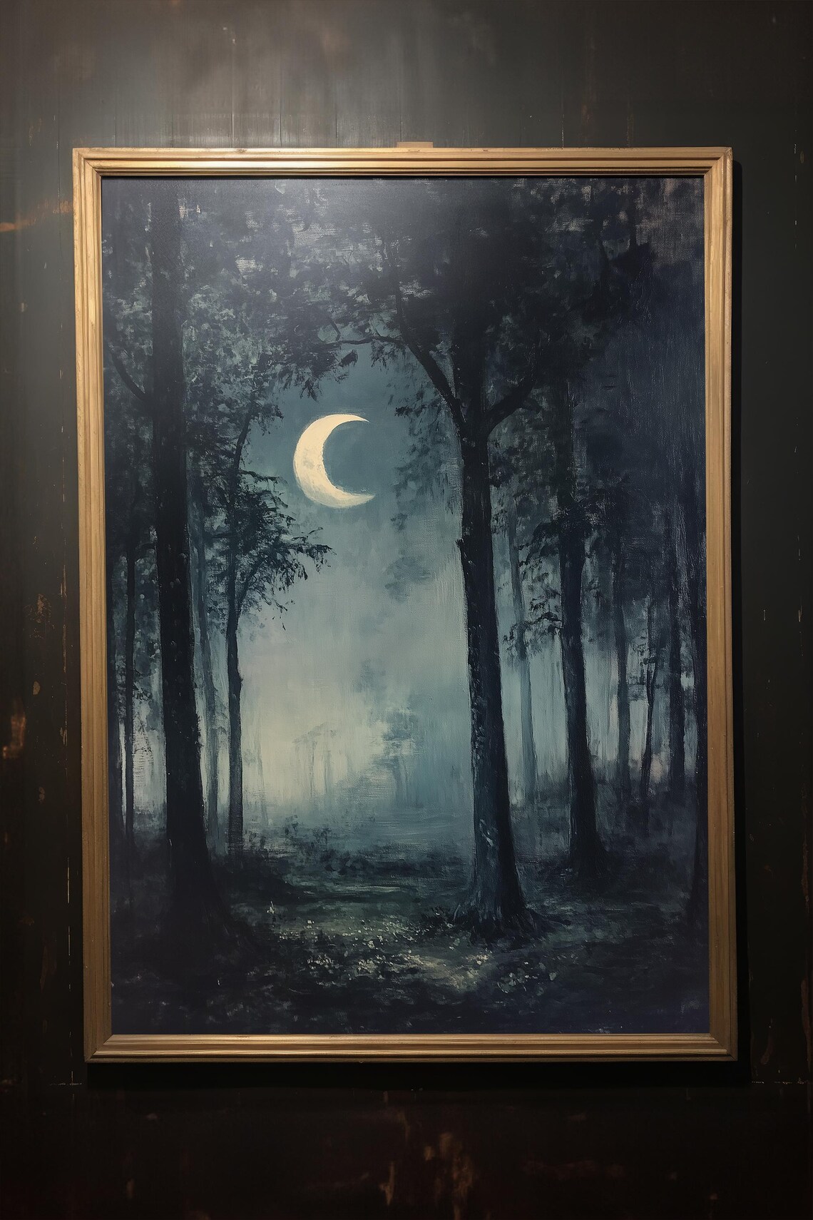 Crescent Moon Over Misty Dark Forest Night Landscape Painting Poster - Image 4