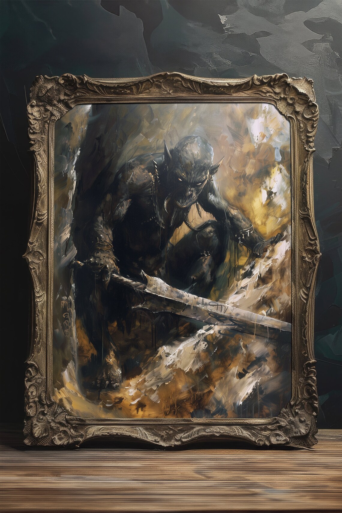 Dark Orc Warrior Sword Painterly Brown Tone Fantasy Art Poster - Image 2
