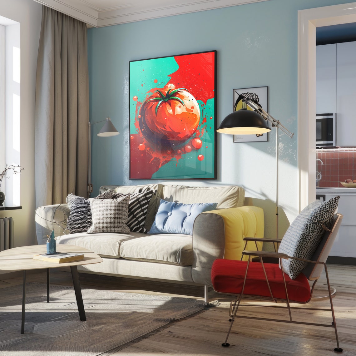 Red Tomato Illustration Teal Red Split Background Kitchen Poster - Image 3