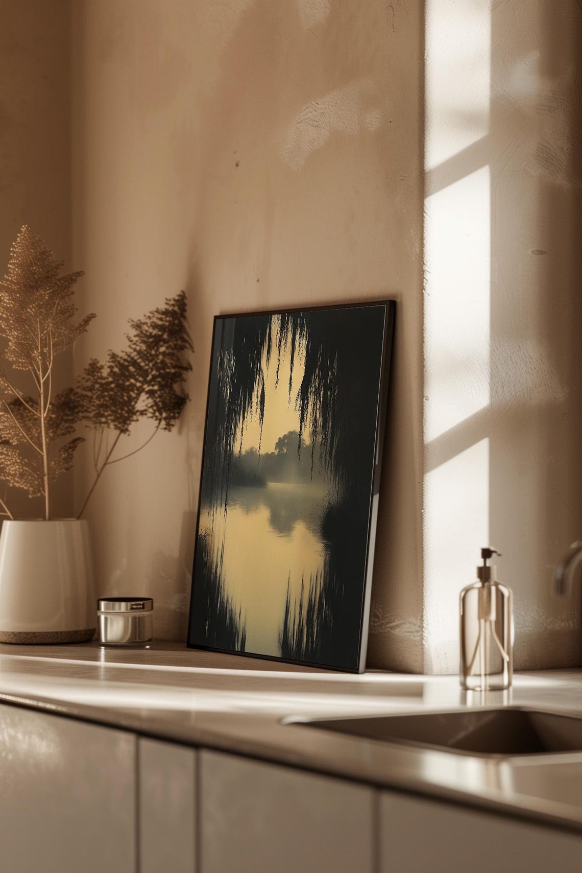 Misty Weeping Willow Lake Golden Dusk Landscape Painting Poster - Image 4
