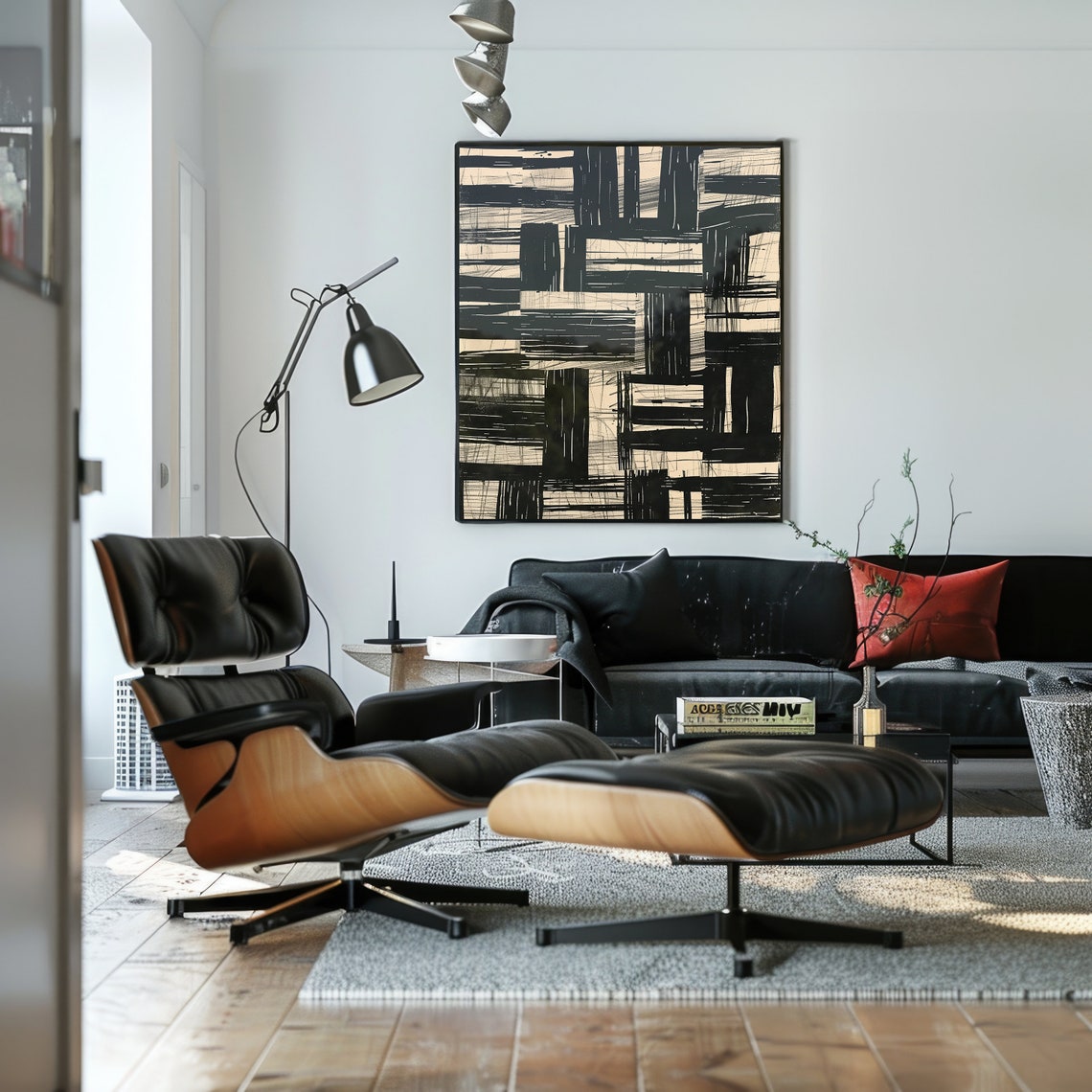 Black And Beige Abstract Geometric Brushstroke Mid Century Art Poster - Image 3
