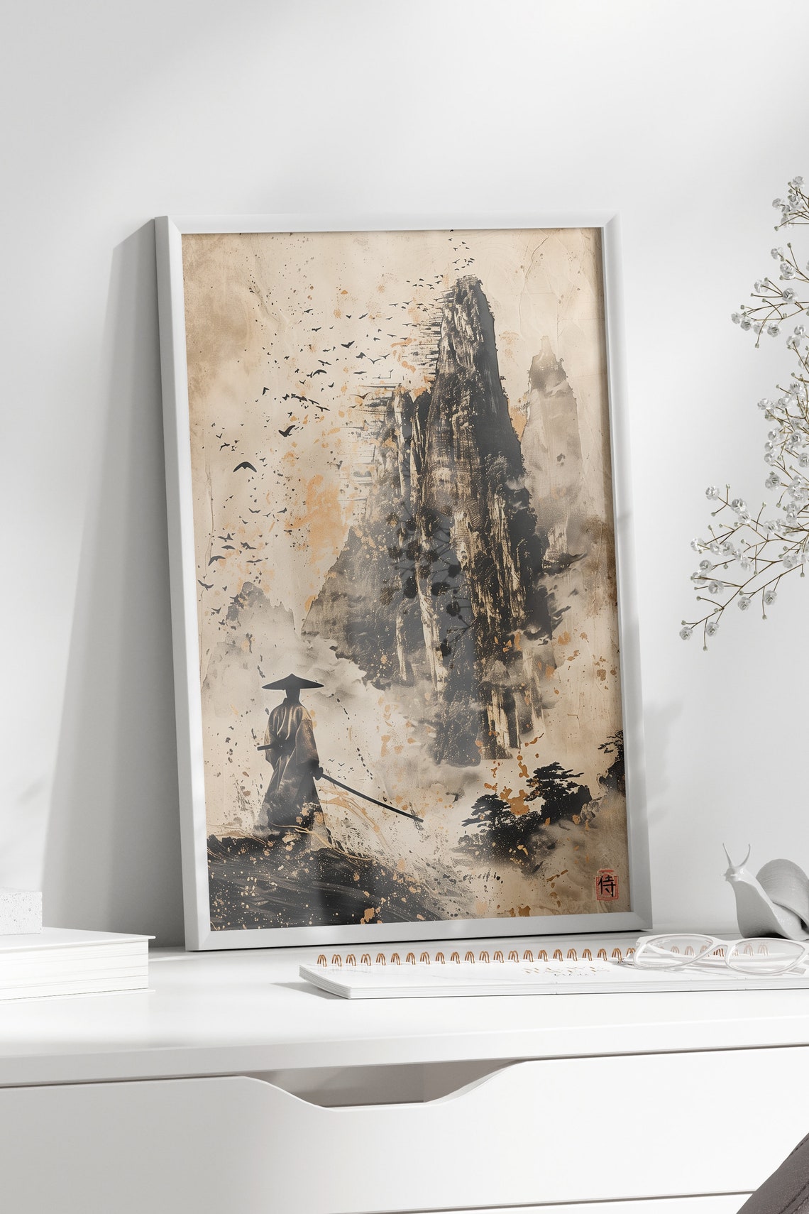 Japanese Vintage Mountain Landscape Samurai Sumi E Style Poster - Image 3