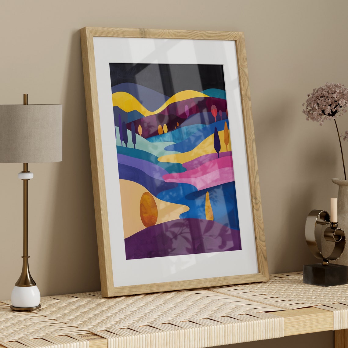 Colorful Rolling Hills Night Modern Art Deco Landscape Poster - Image 3