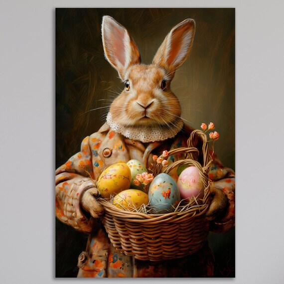 Victorian Bunny In Floral Coat Holding Basket Of Easter Eggs Poster