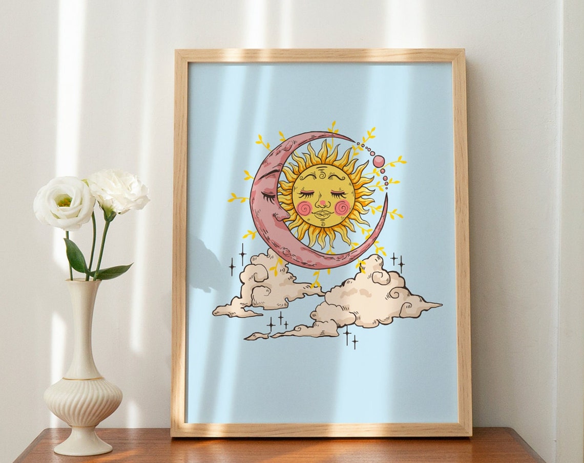 Celestial Sun Moon Faces Dreamy Vintage Witchy Hippie Art Poster - Image 3