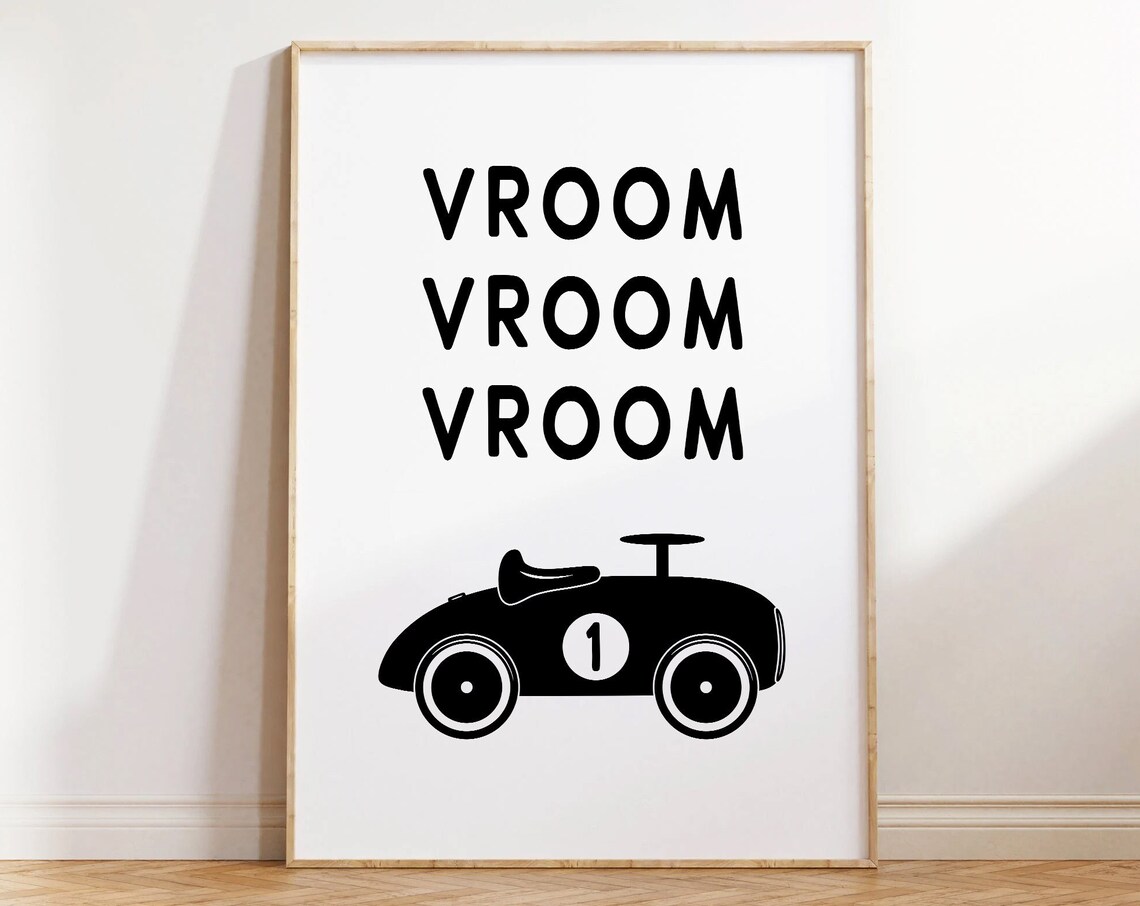 Vroom Vroom Race Car Monochrome Vintage Racer Kids Poster Decor