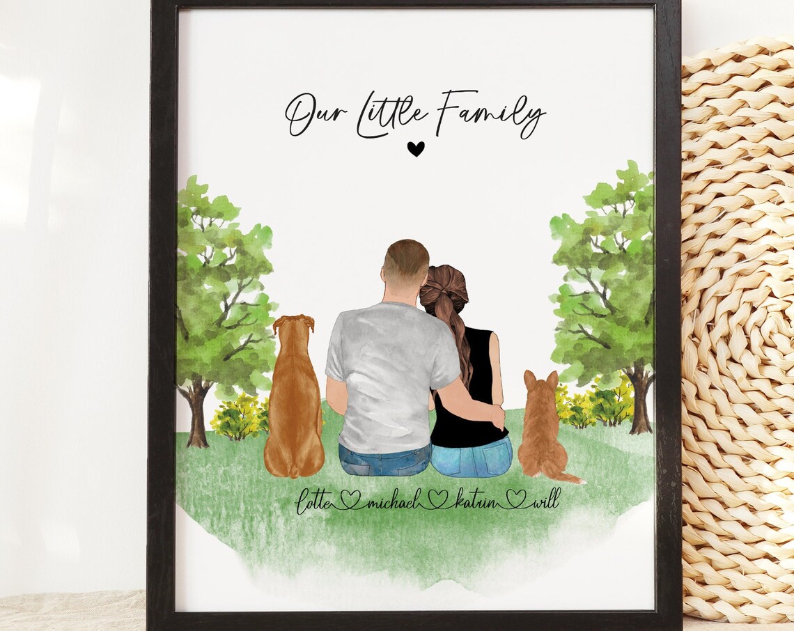Personalized Couple Portrait With Pets Art Print