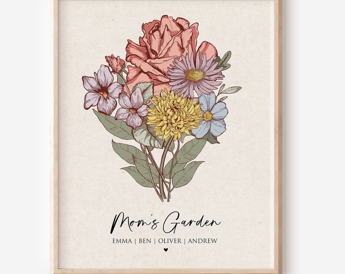 Custom Birth Flower Bouquet, Antique Flower Art Print