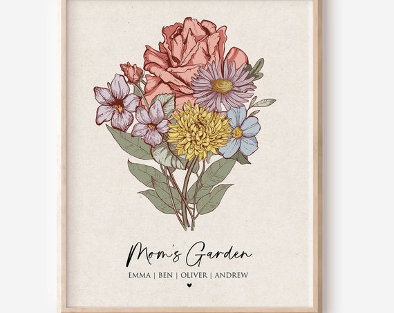 Custom Birth Flower Bouquet, Antique Flower Art Print