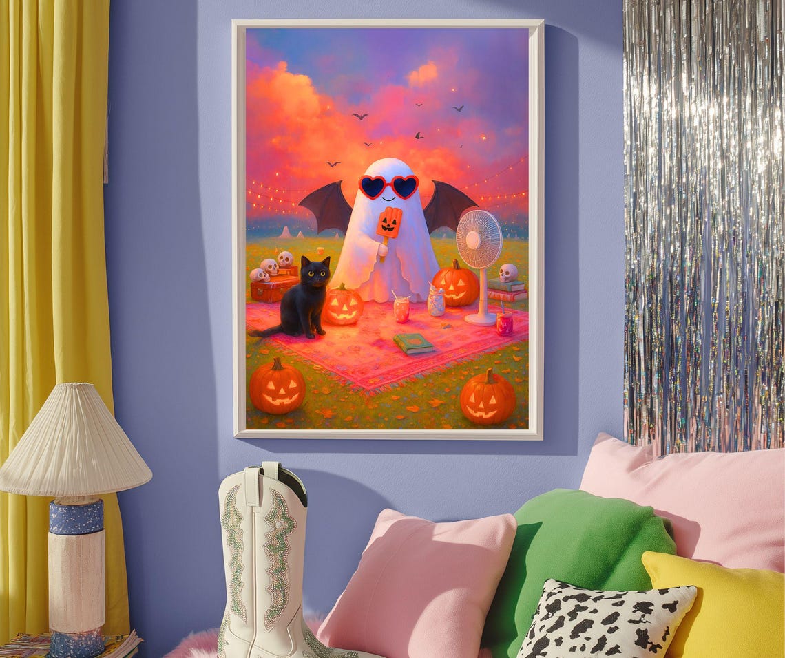 Summerween Ghost Picnic Pumpkins Black Cat Spooky Cute Wall Art