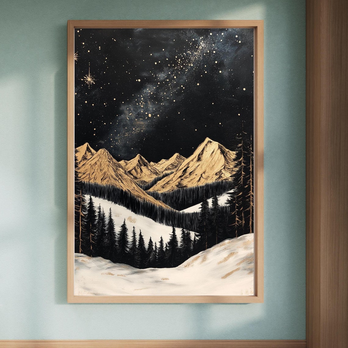 Gold Mountains Starry Night Sky Snowy Pine Forest Winter Poster