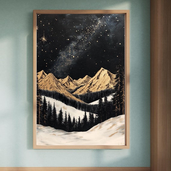 Golden Peaks Under Starry Sky Winter Mountains Night Gold Landscape Wall Art Artwork