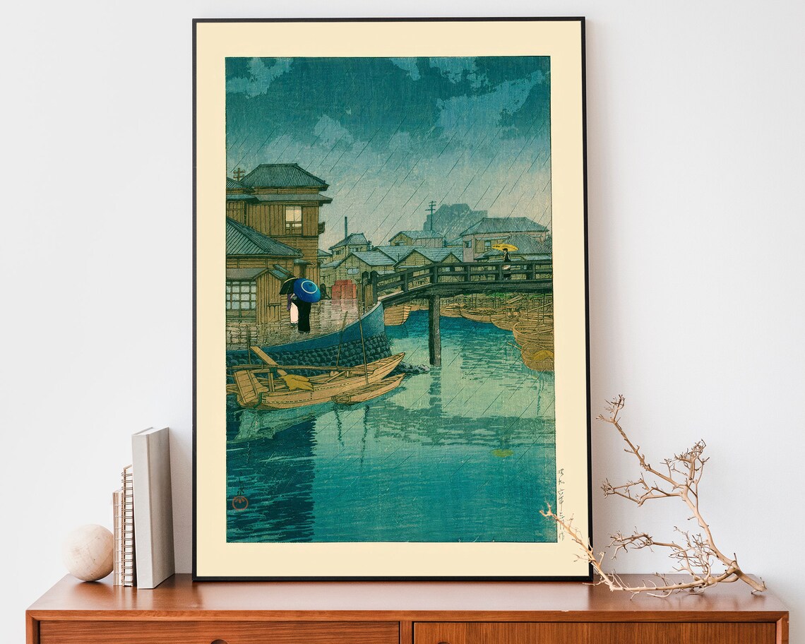 Japanese Rainy Canal Street Boats Woodblock Style Vintage Poster