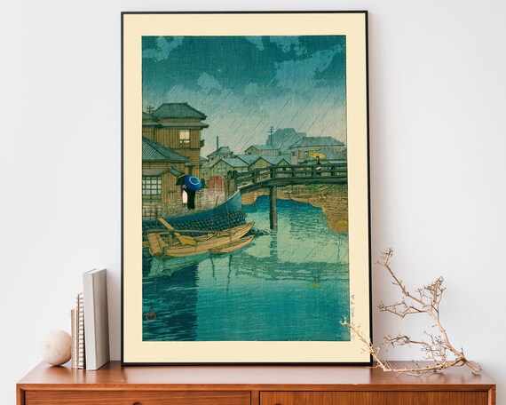 Japanese Rainy Canal Street Boats Woodblock Style Vintage Poster