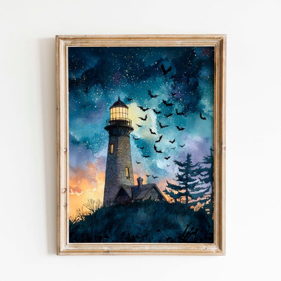 Lighthouse Halloween Starry Night Watercolor Print Coastal Spooky Decor