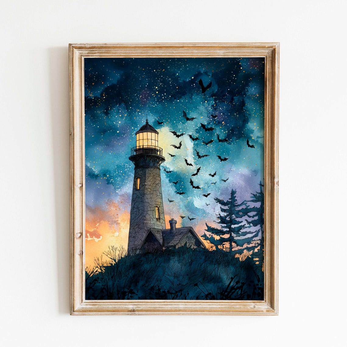 Lighthouse Under Starry Sky With Bats Spooky Halloween Art Poster