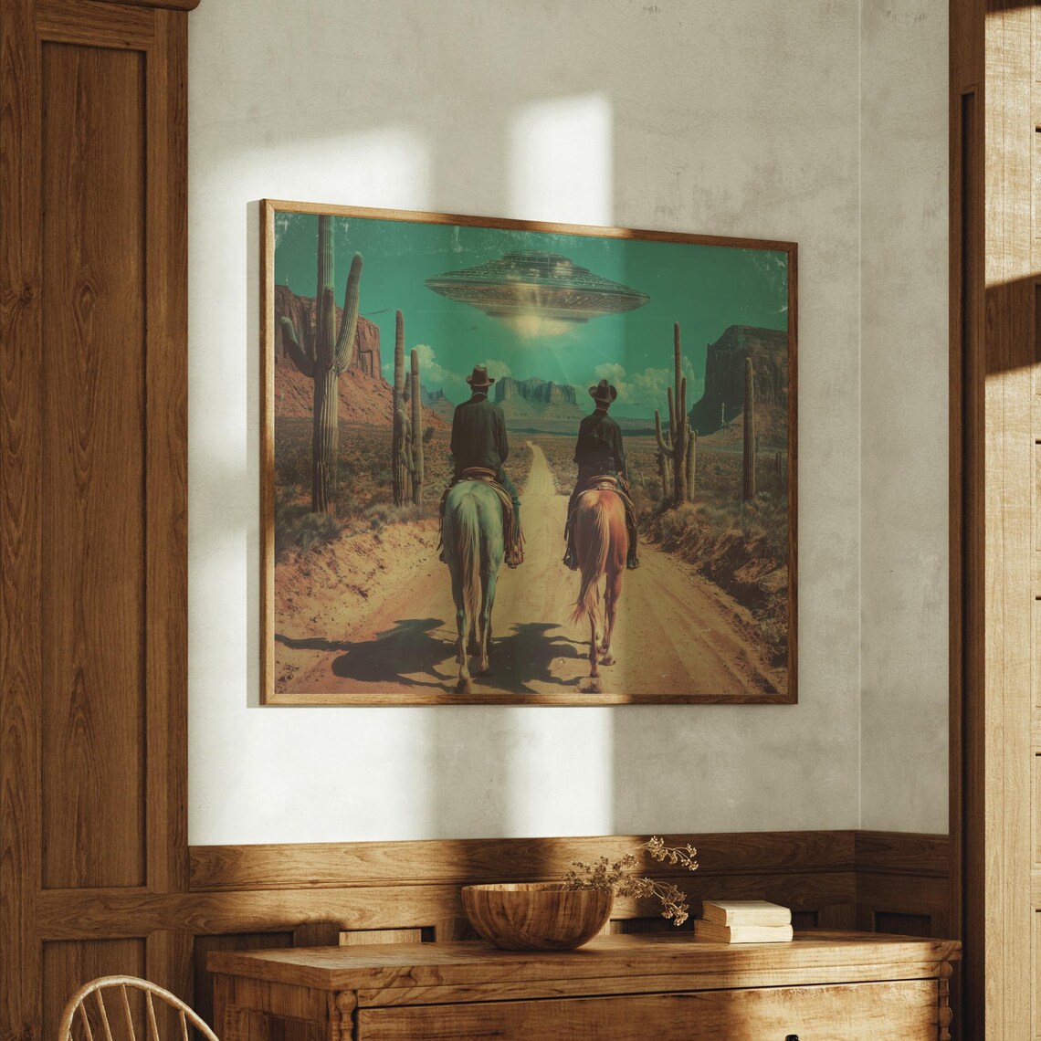 Cowboys Ride Beneath Desert Ufo Glow Art Print