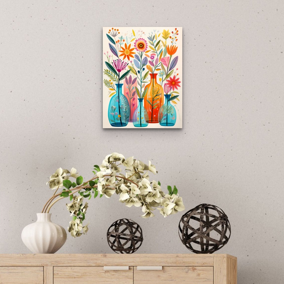 Colorful Wildflowers Arranged In Glass Bottles Botanical Art Print - Image 3