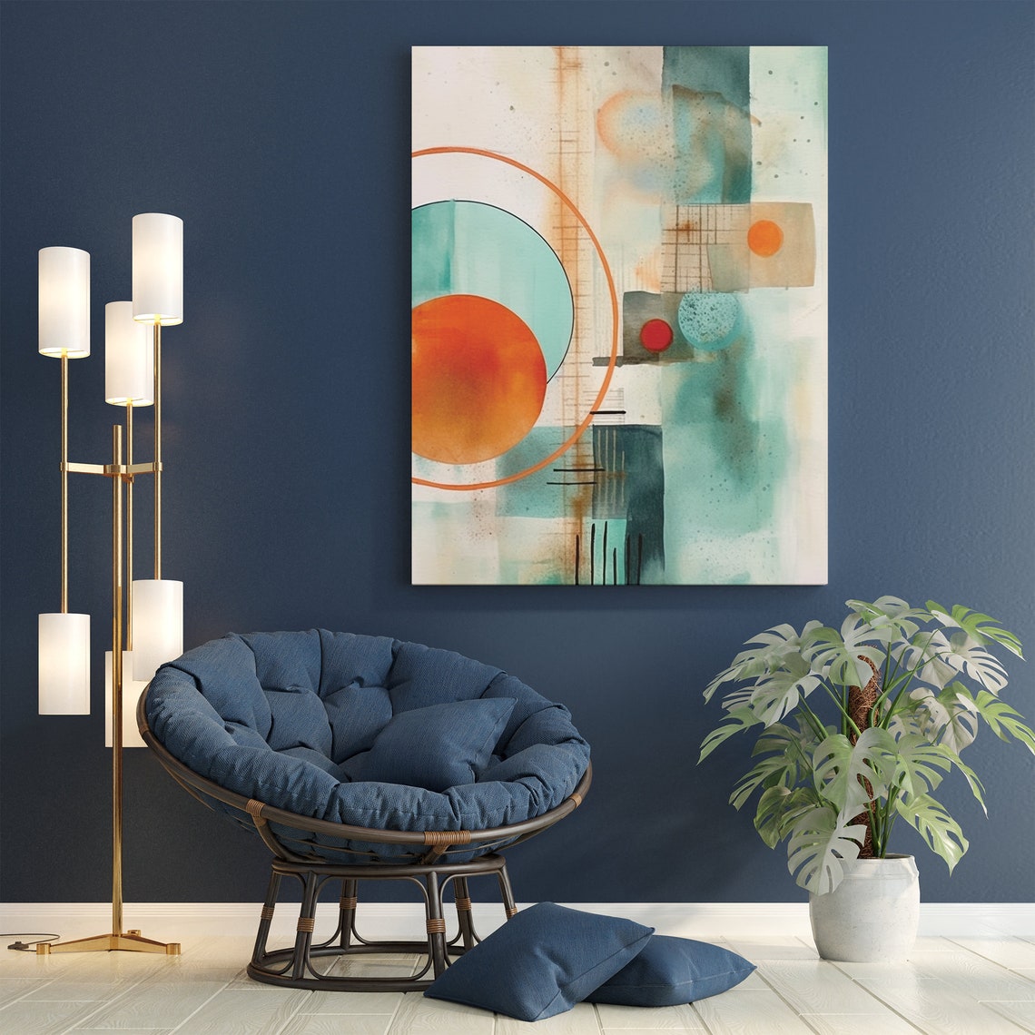 Teal And Orange Abstract Circles Watercolor Geometric Wall Art
