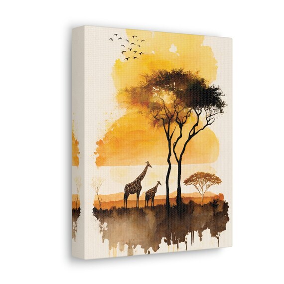 Giraffes At Sunset African Savannah Watercolor Wildlife Poster