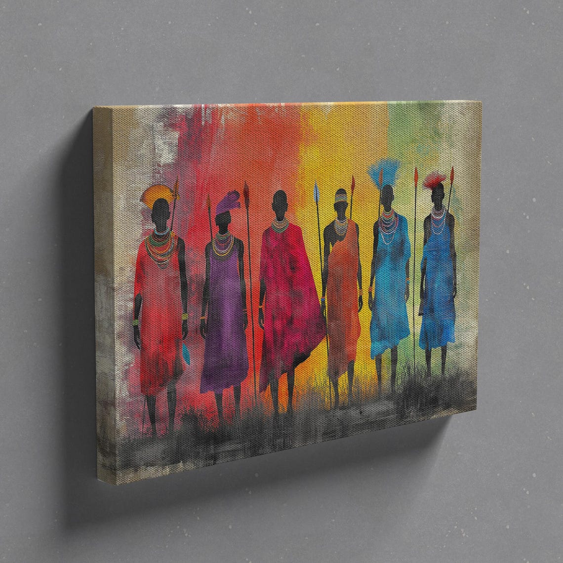Colorful African Warriors Silhouette Red Blue Robes Sunset Wall Art - Image 3