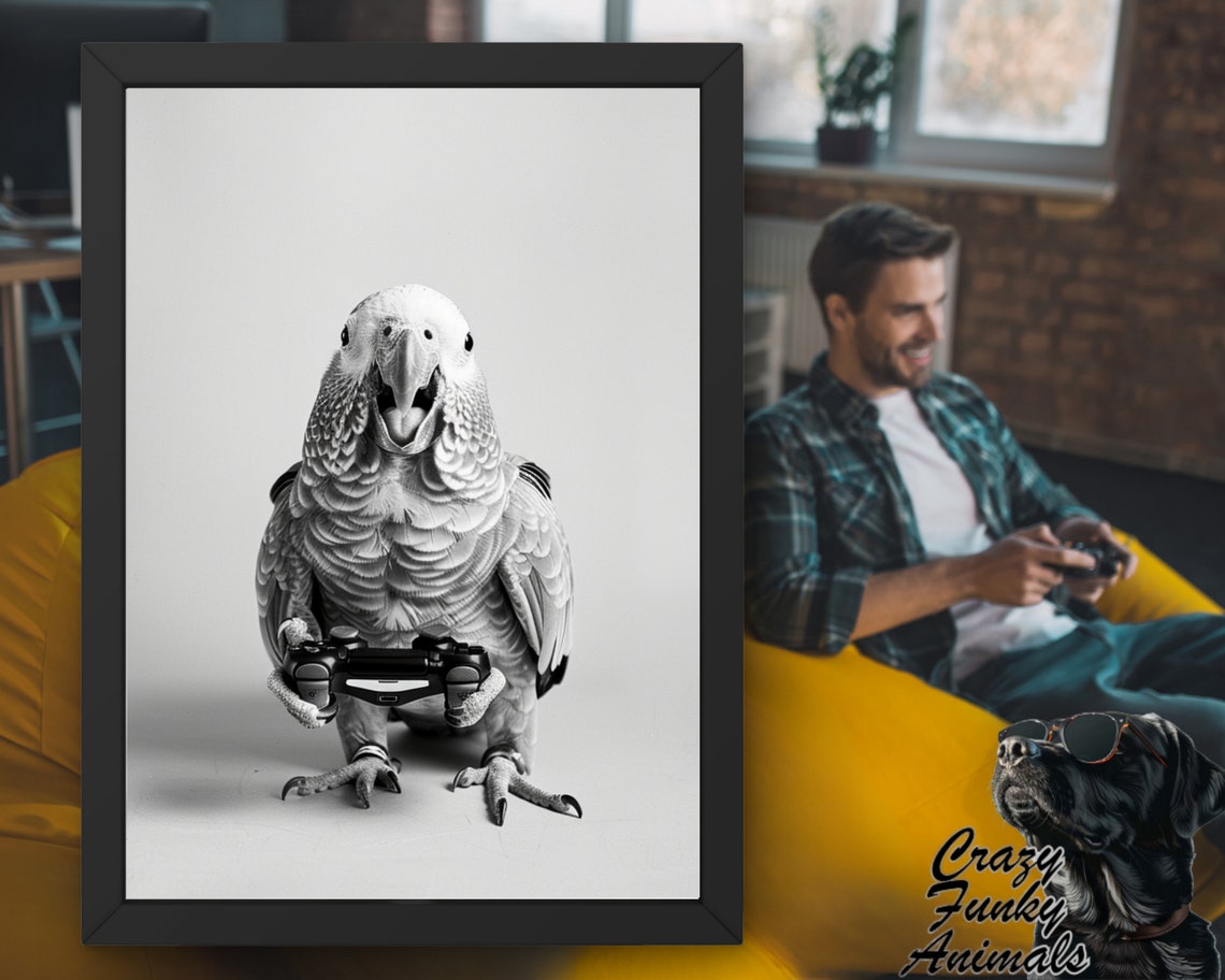 Parrot Holding Video Game Controller Monochrome Funny Gaming Poster - Image 3