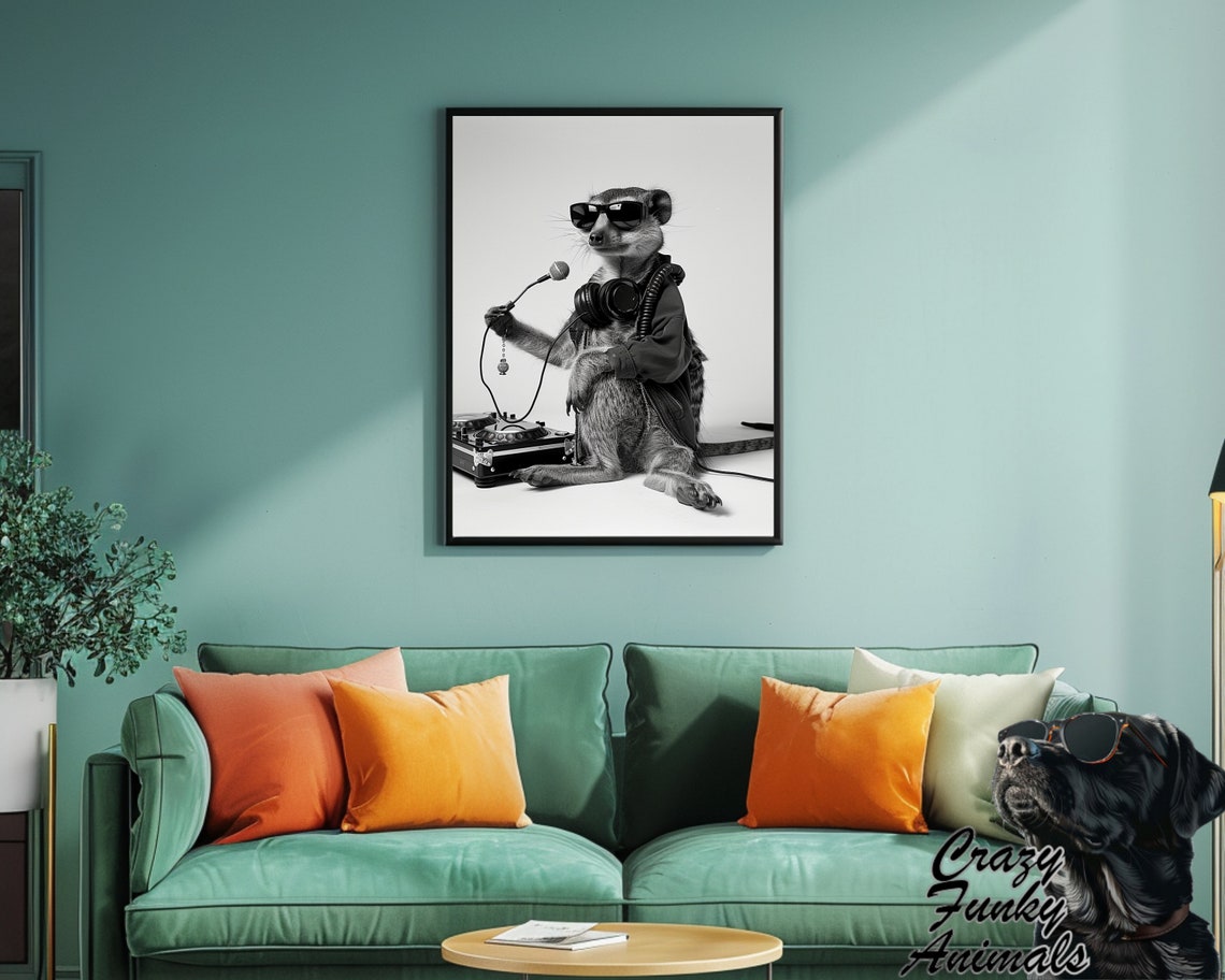 Cool Meerkat DJ With Sunglasses Microphone and Turntable Poster - Image 2