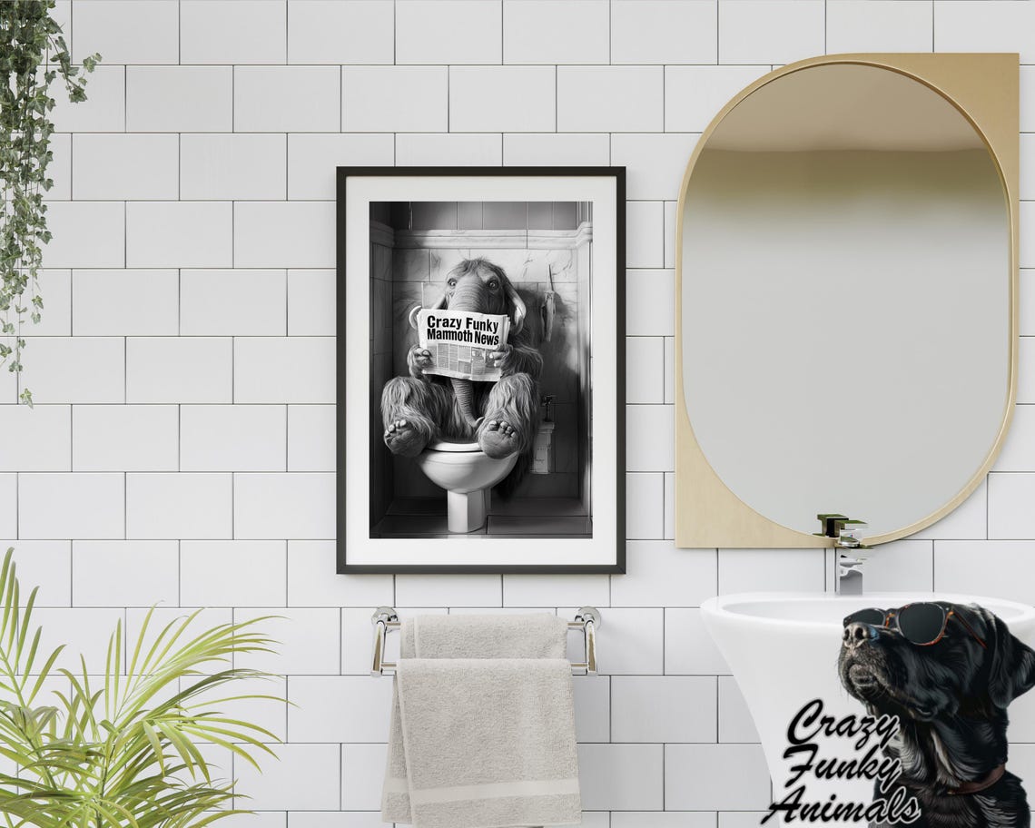 Woolly Mammoth Reading a Newspaper on the Toilet Funny Poster - Image 2
